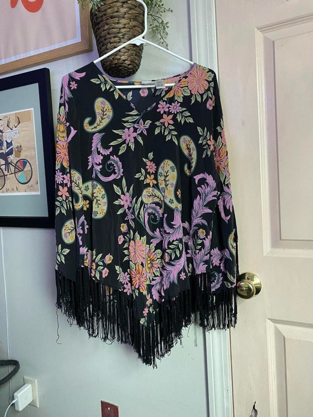 Roaman's Black Fringe Tunic with Pink & Yellow Floral Paisley